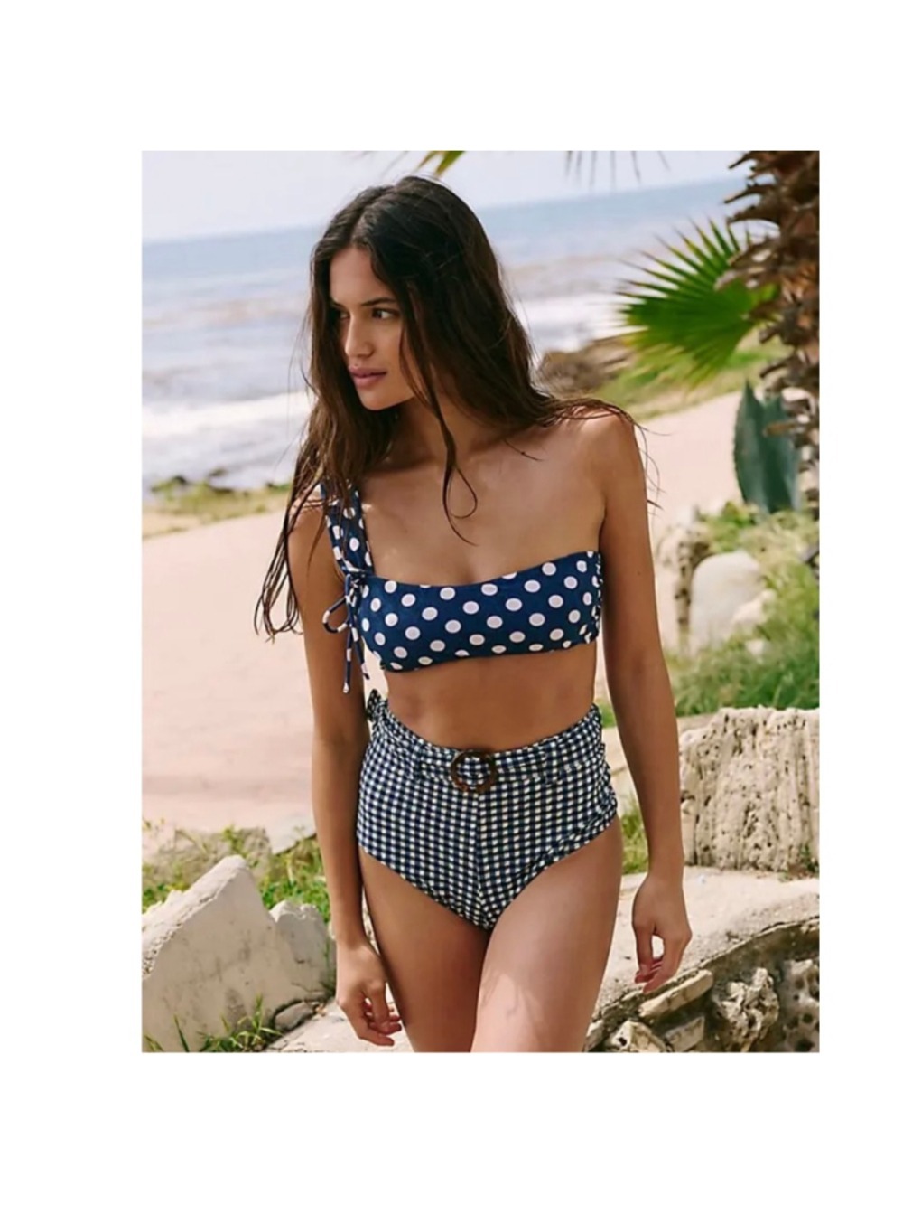 For Love & Lemons Gingham Swim Shorts Navy White Large
